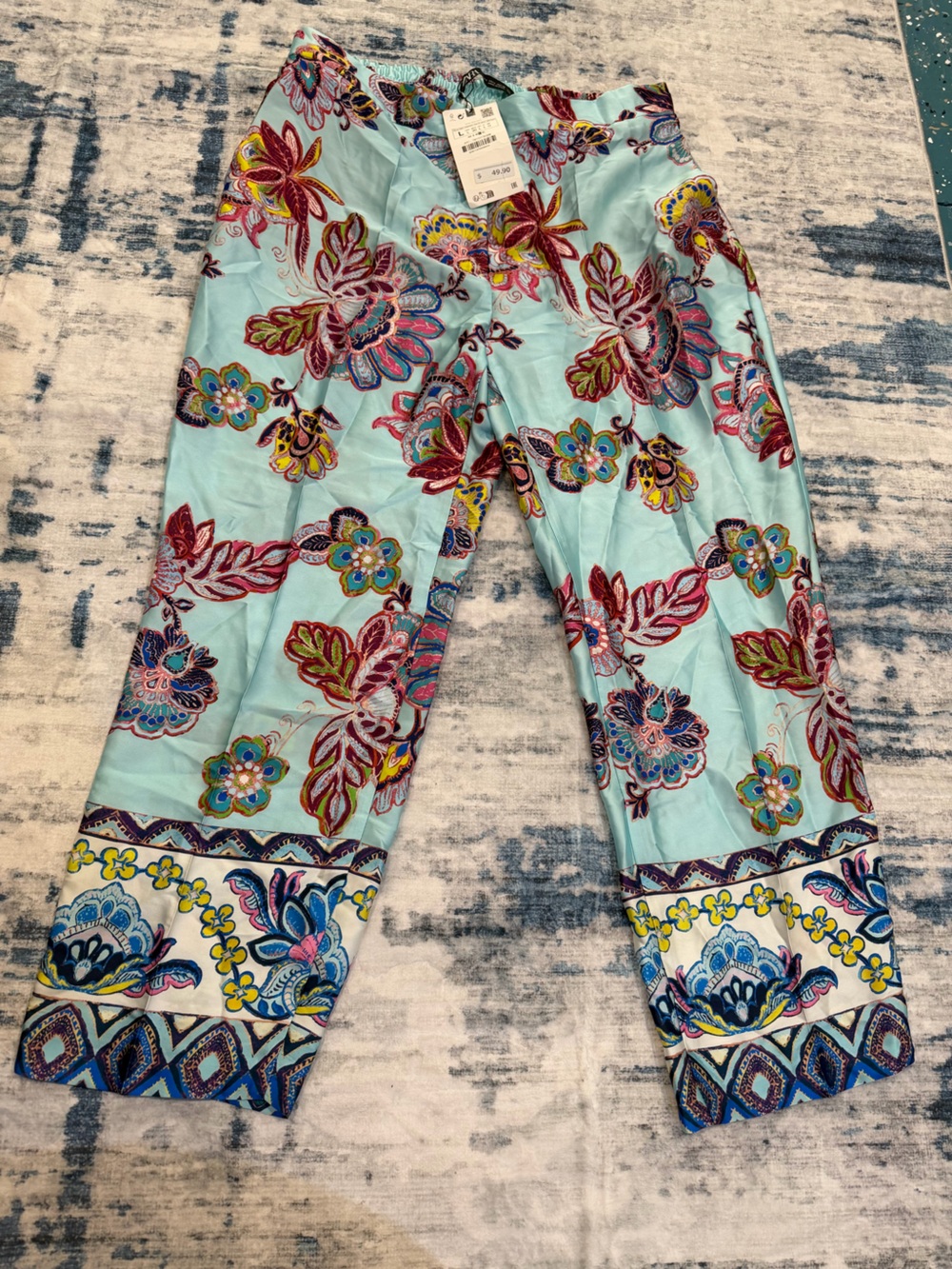 Zara Light Blue Floral Straight-Leg Pants